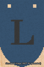 A simulated image of the stitched needlepoint design: Banner 13m Rounded L Black on Blue. Not A.I. generated.