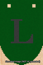A simulated image of the stitched needlepoint design: Banner 13m Rounded L Black on Green. Not A.I. generated.