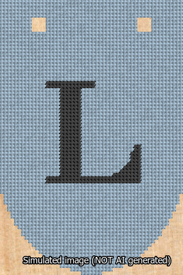 A simulated image of the stitched needlepoint design: Banner 13m Rounded L Black on Light Blue. Not A.I. generated.
