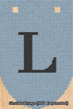 A simulated image of the stitched needlepoint design: Banner 13m Rounded L Black on Light Blue. Not A.I. generated.