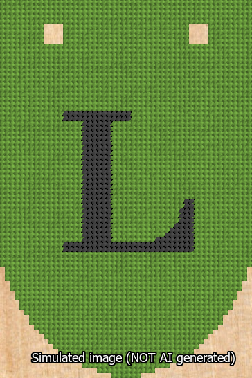 A simulated image of the stitched needlepoint design: Banner 13m Rounded L Black on Light Green. Not A.I. generated.