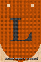 A simulated image of the stitched needlepoint design: Banner 13m Rounded L Black on Orange. Not A.I. generated.