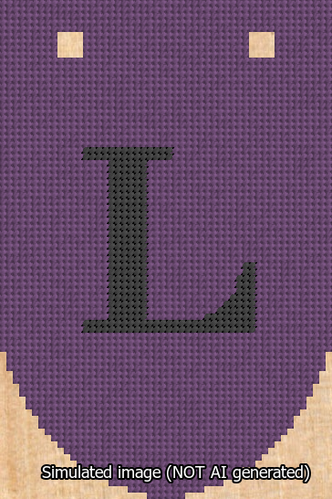 A simulated image of the stitched needlepoint design: Banner 13m Rounded L Black on Purple. Not A.I. generated.