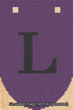A simulated image of the stitched needlepoint design: Banner 13m Rounded L Black on Purple. Not A.I. generated.