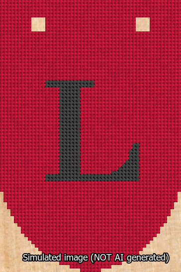 A simulated image of the stitched needlepoint design: Banner 13m Rounded L Black on Red. Not A.I. generated.