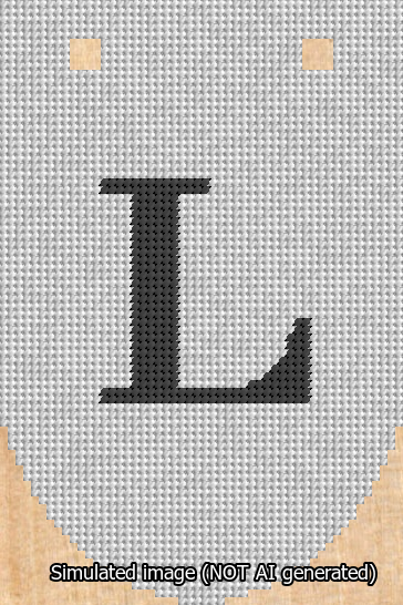 A simulated image of the stitched needlepoint design: Banner 13m Rounded L Black on White. Not A.I. generated.