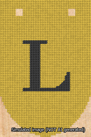 A simulated image of the stitched needlepoint design: Banner 13m Rounded L Black on Yellow. Not A.I. generated.