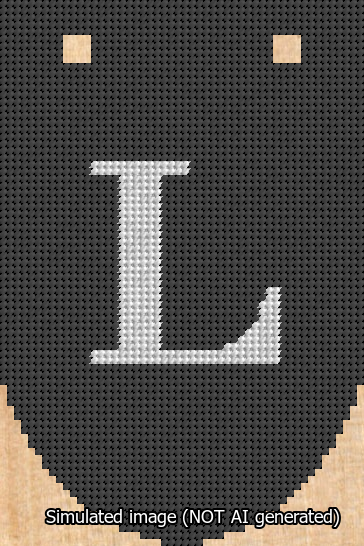 A simulated image of the stitched needlepoint design: Banner 13m Rounded L White on Black. Not A.I. generated.