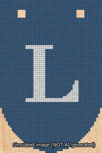 A simulated image of the stitched needlepoint design: Banner 13m Rounded L White on Blue. Not A.I. generated.