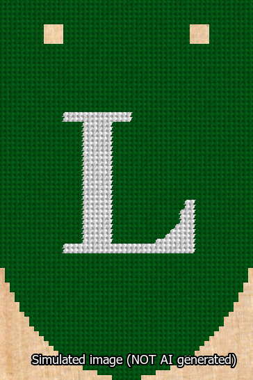 A simulated image of the stitched needlepoint design: Banner 13m Rounded L White on Green. Not A.I. generated.