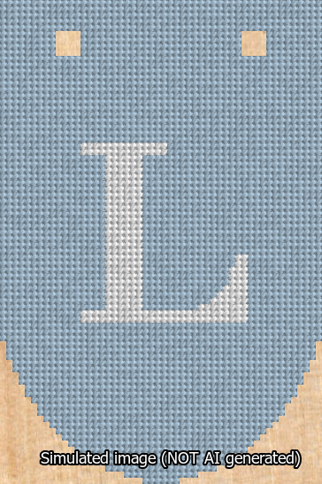 A simulated image of the stitched needlepoint design: Banner 13m Rounded L White on Light Blue. Not A.I. generated.