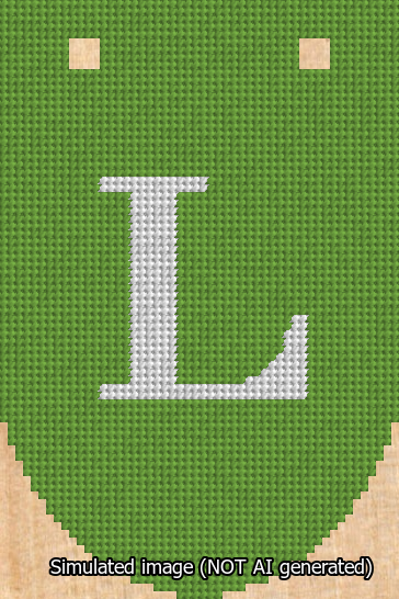 A simulated image of the stitched needlepoint design: Banner 13m Rounded L White on Light Green. Not A.I. generated.