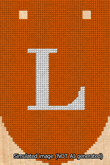 A simulated image of the stitched needlepoint design: Banner 13m Rounded L White on Orange. Not A.I. generated.
