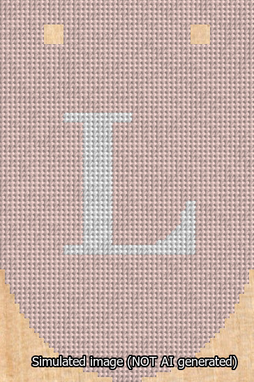A simulated image of the stitched needlepoint design: Banner 13m Rounded L White on Pink. Not A.I. generated.