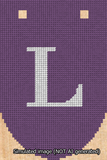 A simulated image of the stitched needlepoint design: Banner 13m Rounded L White on Purple. Not A.I. generated.