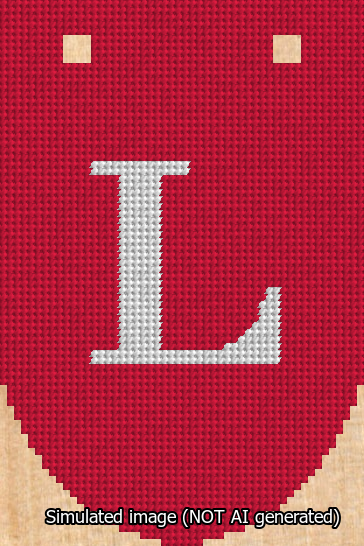 A simulated image of the stitched needlepoint design: Banner 13m Rounded L White on Red. Not A.I. generated.