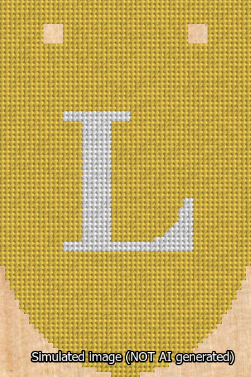 A simulated image of the stitched needlepoint design: Banner 13m Rounded L White on Yellow. Not A.I. generated.