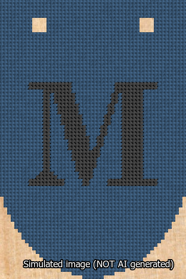 A simulated image of the stitched needlepoint design: Banner 13m Rounded M Black on Blue. Not A.I. generated.