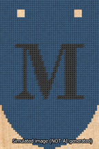 A simulated image of the stitched needlepoint design: Banner 13m Rounded M Black on Blue. Not A.I. generated.