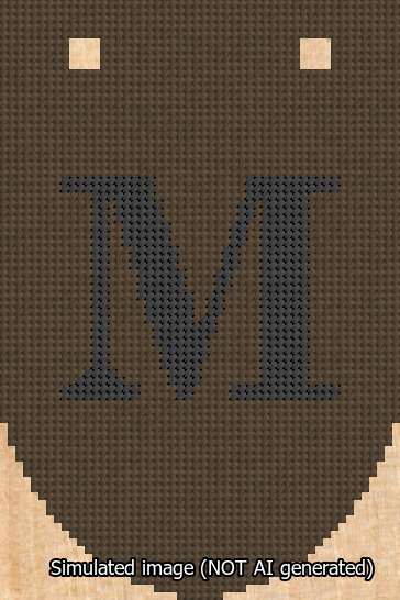 A simulated image of the stitched needlepoint design: Banner 13m Rounded M Black on Brown. Not A.I. generated.