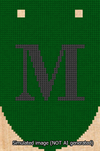 A simulated image of the stitched needlepoint design: Banner 13m Rounded M Black on Green. Not A.I. generated.