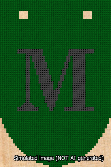 A simulated image of the stitched needlepoint design: Banner 13m Rounded M Black on Green. Not A.I. generated.