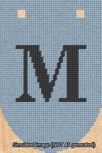A simulated image of the stitched needlepoint design: Banner 13m Rounded M Black on Light Blue. Not A.I. generated.