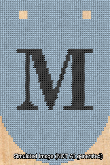A simulated image of the stitched needlepoint design: Banner 13m Rounded M Black on Light Blue. Not A.I. generated.