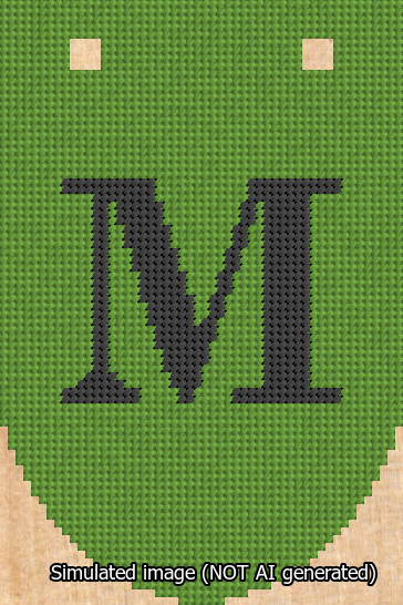 A simulated image of the stitched needlepoint design: Banner 13m Rounded M Black on Light Green. Not A.I. generated.