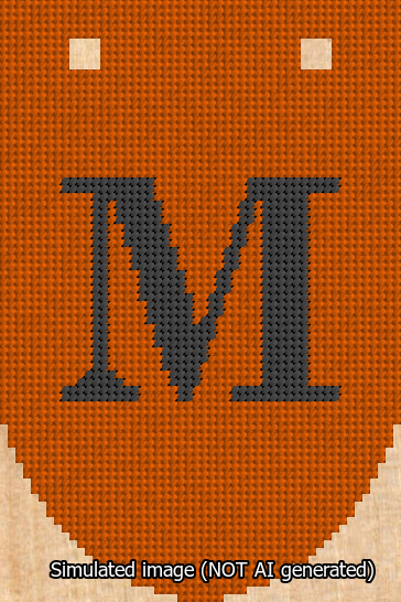A simulated image of the stitched needlepoint design: Banner 13m Rounded M Black on Orange. Not A.I. generated.