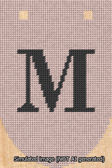 A simulated image of the stitched needlepoint design: Banner 13m Rounded M Black on Pink. Not A.I. generated.