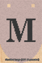 A simulated image of the stitched needlepoint design: Banner 13m Rounded M Black on Pink. Not A.I. generated.