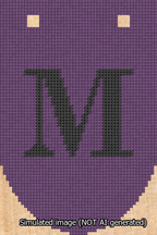 A simulated image of the stitched needlepoint design: Banner 13m Rounded M Black on Purple. Not A.I. generated.
