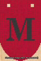 A simulated image of the stitched needlepoint design: Banner 13m Rounded M Black on Red. Not A.I. generated.