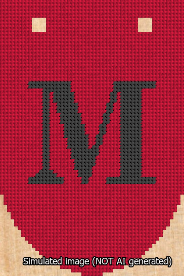 A simulated image of the stitched needlepoint design: Banner 13m Rounded M Black on Red. Not A.I. generated.