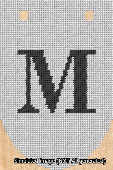 A simulated image of the stitched needlepoint design: Banner 13m Rounded M Black on White. Not A.I. generated.