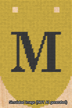 A simulated image of the stitched needlepoint design: Banner 13m Rounded M Black on Yellow. Not A.I. generated.