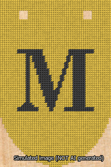 A simulated image of the stitched needlepoint design: Banner 13m Rounded M Black on Yellow. Not A.I. generated.
