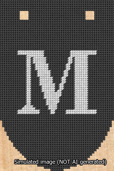 A simulated image of the stitched needlepoint design: Banner 13m Rounded M White on Black. Not A.I. generated.