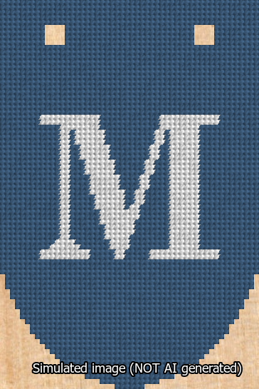 A simulated image of the stitched needlepoint design: Banner 13m Rounded M White on Blue. Not A.I. generated.