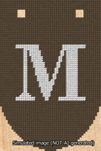A simulated image of the stitched needlepoint design: Banner 13m Rounded M White on Brown. Not A.I. generated.