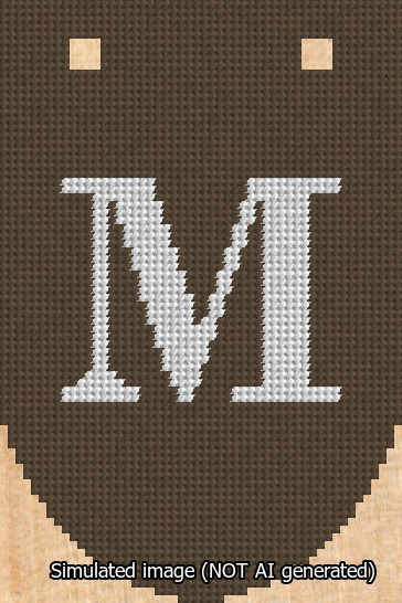 A simulated image of the stitched needlepoint design: Banner 13m Rounded M White on Brown. Not A.I. generated.