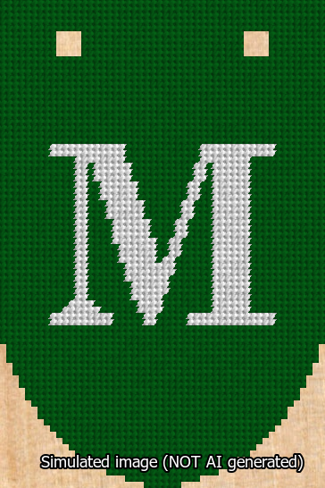 A simulated image of the stitched needlepoint design: Banner 13m Rounded M White on Green. Not A.I. generated.