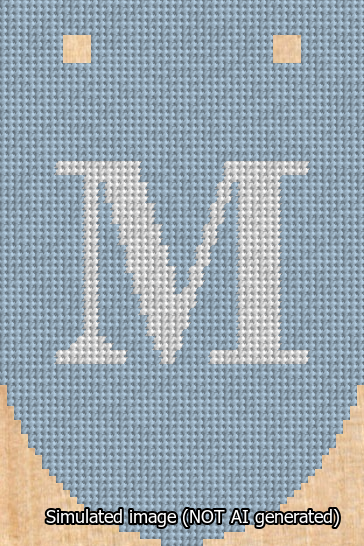 A simulated image of the stitched needlepoint design: Banner 13m Rounded M White on Light Blue. Not A.I. generated.