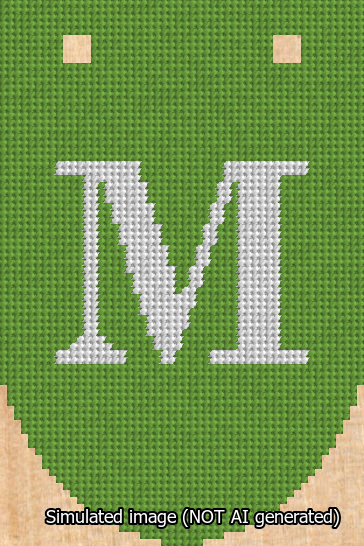 A simulated image of the stitched needlepoint design: Banner 13m Rounded M White on Light Green. Not A.I. generated.