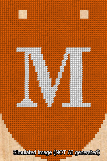 A simulated image of the stitched needlepoint design: Banner 13m Rounded M White on Orange. Not A.I. generated.