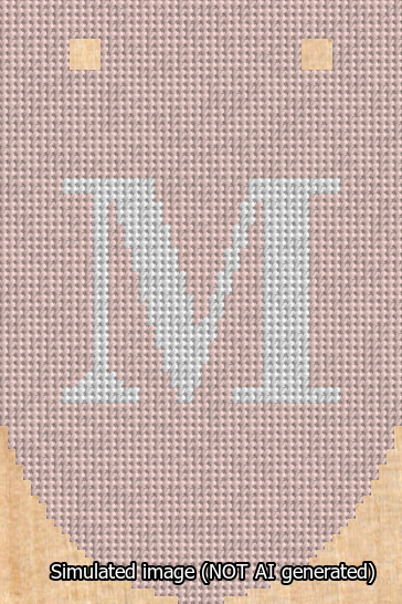 A simulated image of the stitched needlepoint design: Banner 13m Rounded M White on Pink. Not A.I. generated.