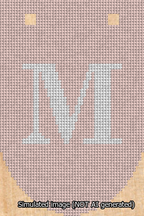A simulated image of the stitched needlepoint design: Banner 13m Rounded M White on Pink. Not A.I. generated.