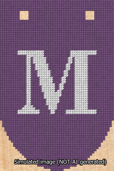 A simulated image of the stitched needlepoint design: Banner 13m Rounded M White on Purple. Not A.I. generated.