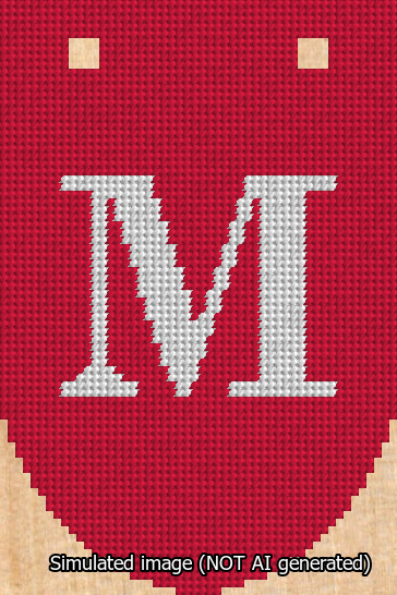 A simulated image of the stitched needlepoint design: Banner 13m Rounded M White on Red. Not A.I. generated.